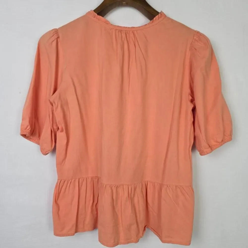 LOFT Outlet Peach Peplum Blouse Tie Neck Puff Sleeve S